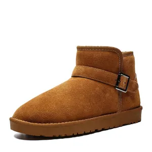 Classic brown suede leather winter snow boots with adjustable buckle strap for warmth