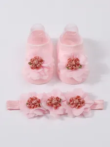 Conjunto de calcetines y diadema rosa con flores de malla para bebés de 0 a 1 año