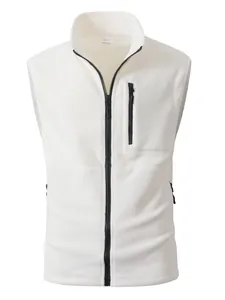 Close-up detail of a white men's sleeveless fleece vest with zipper closure
