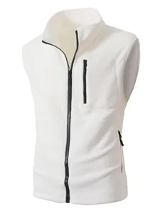 Detail view of a white fleece vest for men with stand collar and zipper pockets.