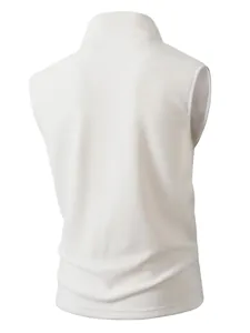 Back view showing the fabric texture of a white men's fleece vest with stand collar