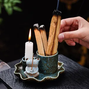 Handmade ceramic frog Palo Santo holder and incense burner with lotus leaf tray design