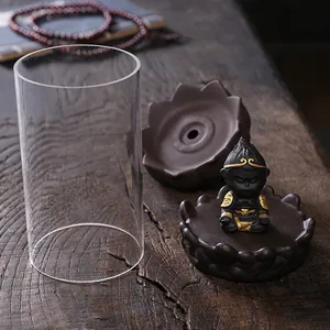 Zisha Sun Wukong backflow incense burner with lotus base and windproof glass cover