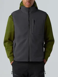 Classic men's charcoal outdoor fleece vest with zipper stand collar and chest pocket