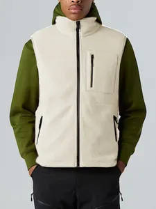 Men's outdoor casual cream fleece vest with stand collar and black contrast zippers