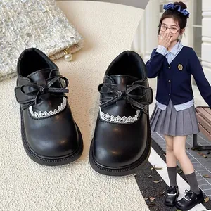 Girls Princess Dress Shoes With Bowknot Lace Detail Soft Sole PU Leather Flat School Shoes For Daily Casual Wear