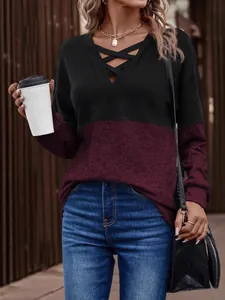 Elegante top casual de manga larga para mujer con cuello en V cruzado y bloques de color