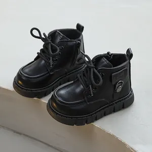 Stylish black British style children's leather work boots with convenient side zipper