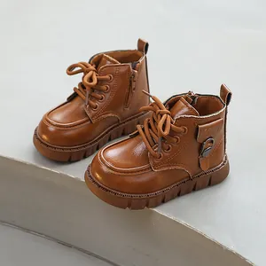 Retro British style brown leather work boots for children with side zipper design