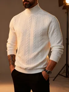 Close-up of white cable-knit turtleneck sweater showing thick texture and stylish fit