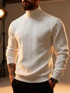 Detail of white men's cable-knit turtleneck sweater with thick warm texture.