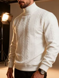 Detailed view of a premium men's white cable knit turtleneck sweater with warm texture
