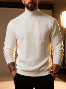Detailed close-up showing the intricate cable-knit pattern of this men's white warm turtleneck sweater
