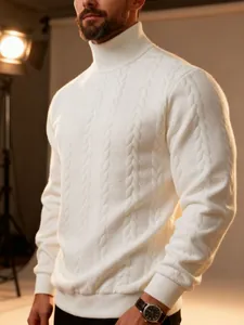 Detail showing the intricate cable-knit pattern of a men's white turtleneck sweater