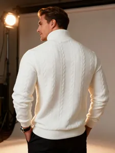 Close-up back view of a white thick cable-knit turtleneck sweater for men in winter