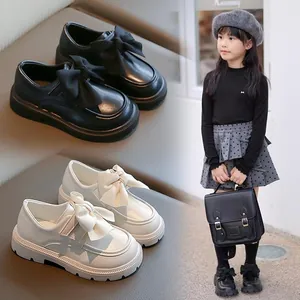 Girls Bow Loafers Princess Shoes PU Leather Soft Sole Thick Bottom Dress Shoes For Kids Wedding Party School Uniform Flats