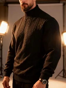 Detailed view of the intricate cable knit pattern on a warm men's turtleneck sweater.