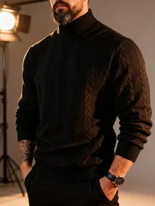 Detail showing texture of men's black cable knit turtleneck warm sweater