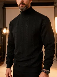 Detailed view of the thick black cable-knit texture on this men's high-neck warm winter sweater