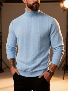 Close-up of a men's light blue cable-knit turtleneck sweater for winter warmth