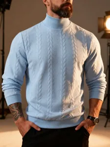 Detailed view of a men's light blue cable-knit turtleneck sweater with a thick warm texture.