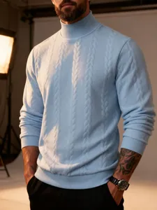 Detailed close-up view of a light blue cable-knit men's turtleneck sweater texture.