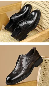Detailed view of men's leather Brogue shoes with embossed crocodile texture in black and brown.