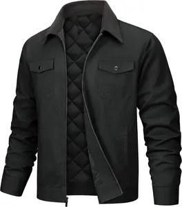 Close-up of black men's casual jacket with quilted lining and snap pockets.
