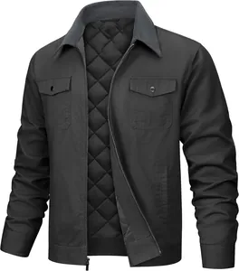 Detailed view of men's casual cotton jacket with quilted lining and corduroy collar