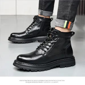 Bottes Martin en cuir noir de qualité pour hommes avec semelle légère en EVA hiver.