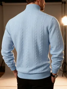Detailed back view of premium light blue men's cable knit turtleneck sweater for winter