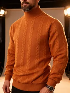 Close-up of burnt orange cable-knit turtleneck sweater showing thick texture and weave.