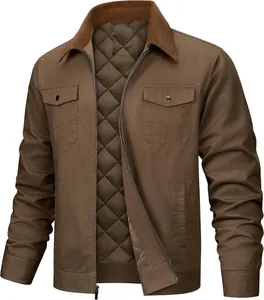 Close-up of brown men's casual cotton jacket with quilted lining and corduroy collar