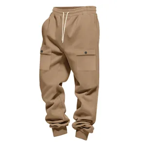 Pantaloni cargo da uomo pesanti color kaki con coulisse in vita e tasche laterali
