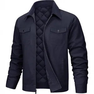 Men's navy blue casual cotton jacket with quilted lining and classic lapel collar