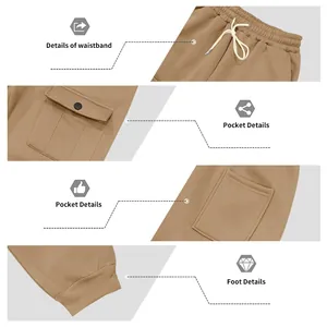 Vues détaillées du pantalon cargo beige pour homme : taille, poches et ourlets élastiques.