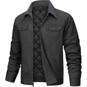 Men's casual black cotton jacket with lapel and quilted lining for winter warmth