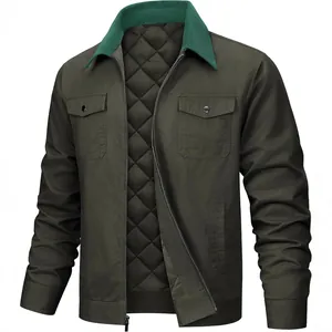 Classic men's olive green cotton jacket with green corduroy lapel and quilted lining
