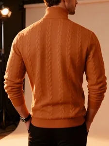 Detailed back view of ochre men's turtleneck sweater with cable knit pattern