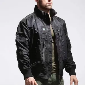 High-quality detail of a men's black tactical flight bomber jacket with stand collar.