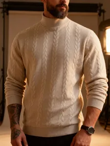 Premium men's cable knit turtleneck sweater in warm cream beige for autumn winter season