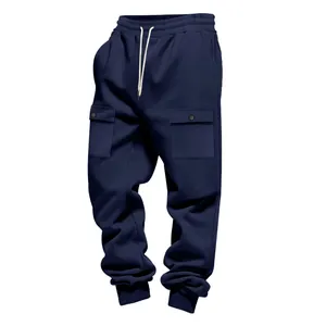 Pantaloni cargo blu scuro pesanti da uomo con vita a coulisse e tasche con bottoni