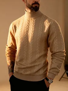 Premium men's thick cable knit turtleneck sweater in warm beige European style detail