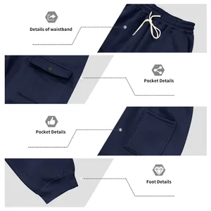 Macro view of navy cargo sweatpants showing waistband, pockets, and ribbed cuffs