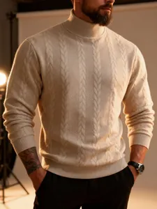 Detailed view of a premium men's beige cable-knit turtleneck sweater showing texture