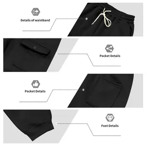 Detailed views of men's fleece cargo sweatpants showing waistband, pockets, and cuffs.