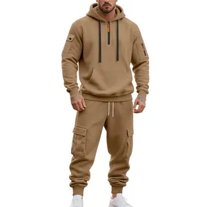 Men's heavy-weight fleece-lined khaki cargo hoodie and joggers two-piece tracksuit set
