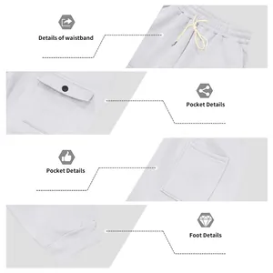 Dettagli ravvicinati dei pantaloni cargo bianchi con vita, tasche e polsini a coste.