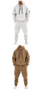 Men's heavy fleece cargo hoodie and pants tracksuit set in white and khaki colors