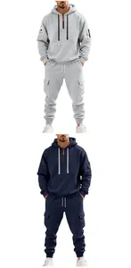 Detailed look at men's heavy fleece cargo tracksuit in grey and navy blue.